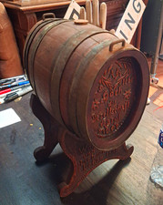 Vintage Carved Wooden Beer Barrel Keg on Stand, German Text, 1902 picture