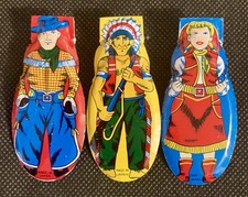 Tin Litho Cowboy, Indian and Cowgirl 1960 Toy Clickers Set of 3 From Japan picture
