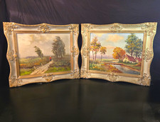Pair Vintage Signed Landscape Paintings Ornate Gold Frames Cottage Bridge picture
