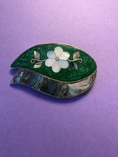 Vintage Signed ALPACA MEXICO Silver Brooch with Abalone Shell Inlay picture