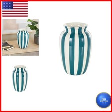 Deco 79 Ceramic Vase Round Wide Centerpiece Teal Vertical Stripes 6x6x10