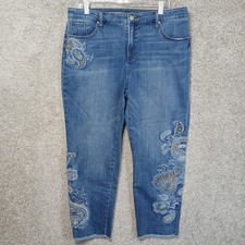 Chico's So Slimming Girlfriend Jeans Womens 16R Blue Ankle Embroidered Paisley picture