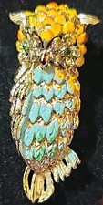 Vintage Signed ART Enamel Rhinestone Owl Brooch Pin Mid Century Colorful Bird picture