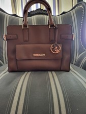 Michael Kors Georgia Saffiano Leather Satchel Handbag Brown With Strap - EUC picture