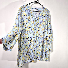 J JILL Love Linen Button Up Shirt Tunic Womens 2X Blue Floral Long Sleeve Pleats picture