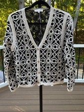 Anthropologie Solitaire Black & White Floral Pattern Crochet Cardigan Sz L (EUC) picture