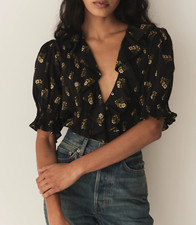 NWT DOEN Henri ruffle top blouse in black buttercup bouquet yellow floral XS picture