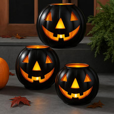 🎃HALLOWEEN🎃 Set of 3 Pre-Lit Black Metal JACK-O-LANTERN Pumpkins w/ LED Candle picture