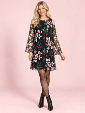 Black Floral * Embroidered * Cold Shoulder Bell Sleeve Dress ECI Women's M NWT picture