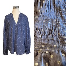 Sundance M 100% Cotton Blue Print  Puff Sleeve V-neck Pleated Tunic Top 106205 picture
