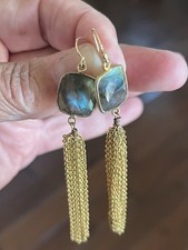 Beautiful Dark Green Rectangular Labradorite Gold-Plated Silver Dangle Earrings picture