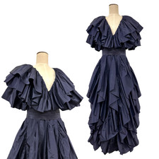 Vintage 1980s Navy Dramatic Ruffle Couture Gown Tamara Boutique NY picture