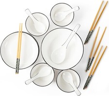 TOK 18 Pc Japanese Ramen Pho Bowl Porcelain Dishware Set for 4 Chopsticks Spoons picture