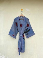 Indian Blue Floral Cotton Robe Short Kimono Sleepwear Night Suit Kimono Robe US picture