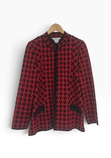 Misook Red Black Houndstooth Button Knit Cardigan Sweater Jacket Size L Pockets picture