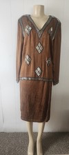 Vintage Francesca Of Damon 100% Silk Embellished Two Piece Skirt Set Brown Retro picture