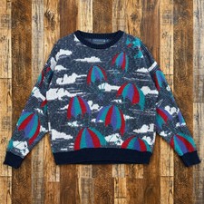 Vintage Crossings Mens Large Cotton Hot Air Balloon Cloud Knit Sweater Navy USA picture