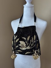 Embroidered Unique Black Velvet Mini Drawstring Bag with Gold Motif picture