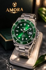 Men's Green Dial Stainless Steel Diver Style Watch Date Quartz Luxury Sport... picture
