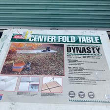 VTG Coleman Dynasty Center Fold Table Aircraft Aluminum Silver Parquet 24x60x28 picture