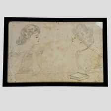 Antique Gibson Girl Pencil Sketch Art 20x12.5 Tan Fair Edwardian Drawing Frame picture