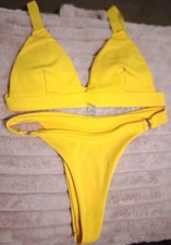 Vintage Yellow Ribbed 2-Piece Thong Bikini Set Wide Straps  Brazilian Cut picture