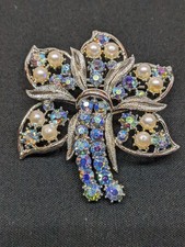 Vintage Coro Floral Brooch AB Rhinestone Imitation Pearl Silver Tone ~2.25