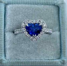 2.17 Ct Heart Cut Natural Blue Sapphire Diamond Ring 14K Real White Gold picture