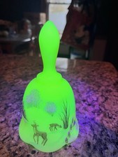 Vintage Fenton Uranium Custard Glass Bell Hand Painted Christmas  Signed 1979 picture