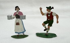 Vintage German Bavarian Folk Dancers Metal Figurines Lederhosen Beer Steins Pair picture