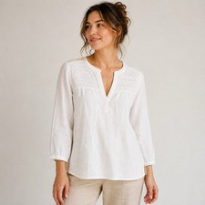 JOIE Linen Smocked Popover Top Large White V-Neck Puff 3/4 Sleeves Peasant Boho picture