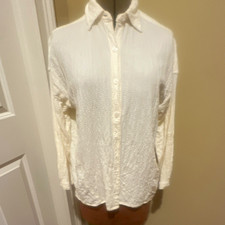 Max Studio Women's off White Solid Collared Button Front 3/4 longSleeve Woven XS picture