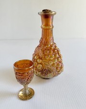 Vintage MCM Imperial Glass Carnival Marigold Grapes Decanter & 1 Mini Goblet picture