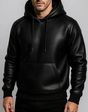 Men’s Genuine Real Leather Hoodie Black Pullover Hooded Jacket Kangaroo Pocket picture