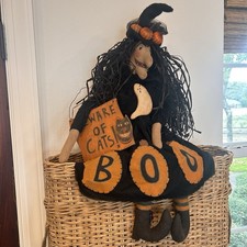 Vintage 1998 Primitive Witch Doll What A Witch Halloween Folk Art Black Cat Sign picture