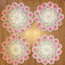 Vintage Handmade Set of 4 Hand Crocheted Round Doilies Cream/ Pink Rose Edge picture