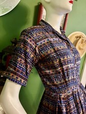 Vtg 40s ? Graphic Print Shirtwaist Day Hostess Dress Westbury Fashions S 36/26 picture