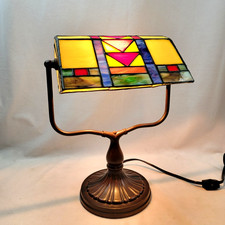 Vintage Tiffany Style Stained Glass Bankers Desk Lamp Bronze Look Base picture