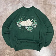 Vintage 90s Morning Sun Green Snow Rabbits Sweatshirt XL Grandma Cottagecore picture