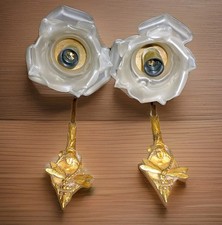 Gorgeous Pair of Antique French Brass Rococo Sconces with WhiteGlass Rose Shades picture