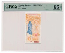 CROATIA banknote 1 Banica 1990 Specimen PMG 66 EPQ Gem Uncirculated RARE picture