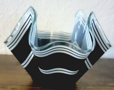 Vintage Chance Glass Black and white Striped Handkerchief Vase Bowl Gingham MCM picture