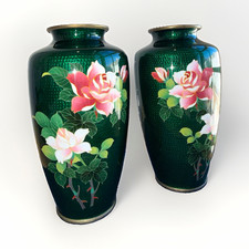 Pair of Vintage Japanese Ginbari Cloisonné Rose Vases picture