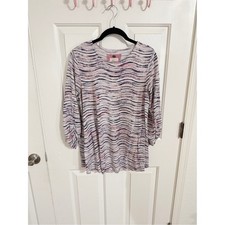 Cupio M Navy Pink White Abstract Wave Stripe Long Sleeve Top Retro Coastal picture