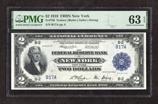 1918 $2 “Battleship” Low Serial Number FRBN New York Fr. 750 - PMG 63 EPQ picture
