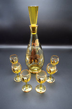 VTG MCM Amber Glass Gold Leaf Cordial Set-Decanter w/ Stopper & 6 Glasses picture
