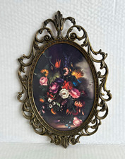 Vintage Italian Ornate Brass Frame Floral Still Life Print Made in Italy picture