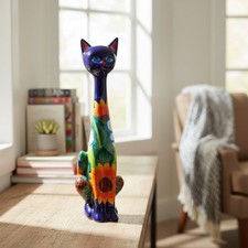 Tall Talavera Cat Statue | Handmade Mexican Sunflower Decor picture