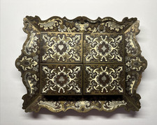 Antique 19th C Boulle Marquetry Game Card Box Set 4 Suit Boxes Scalloped Tray picture