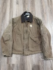 Vintage Carhartt Chore Coat Jacket Made in USA Brown Duck Canvas Corduroy Collar picture